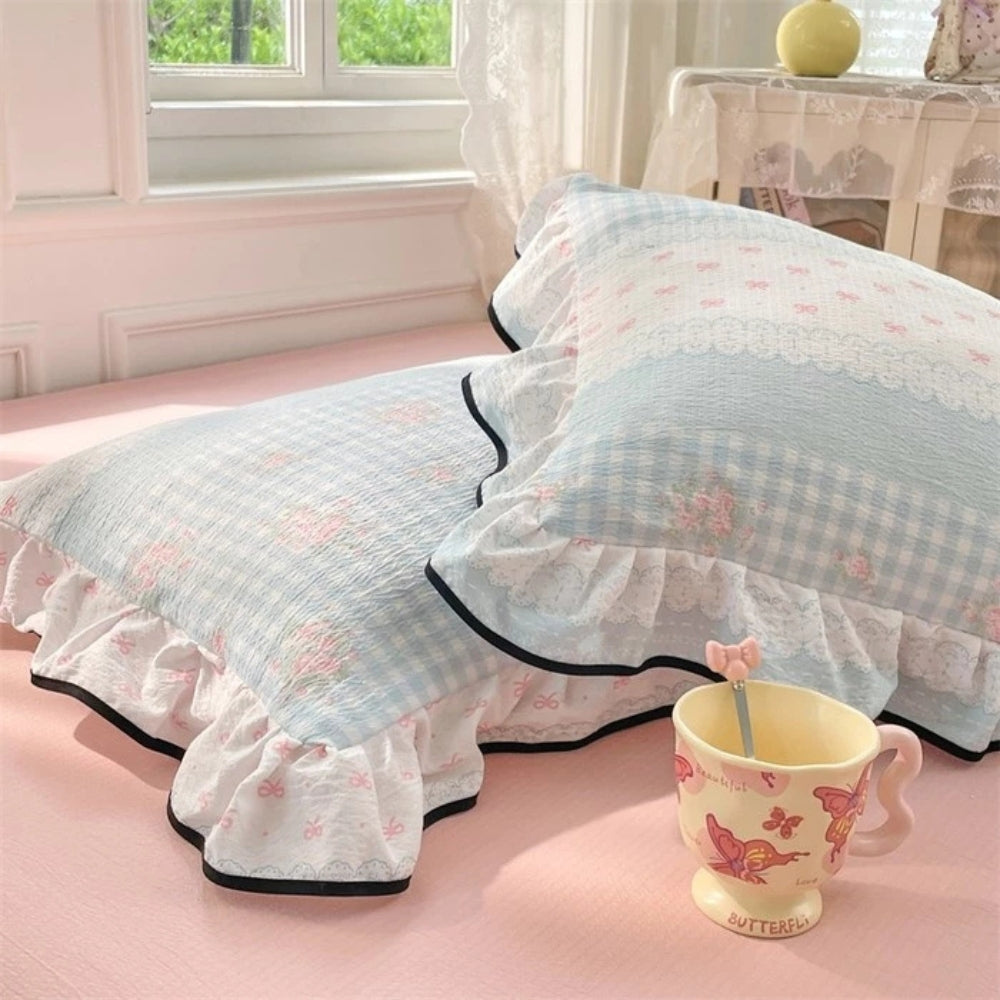 Floral Ruffled Lace Gauze Pillowcases - Queen Size