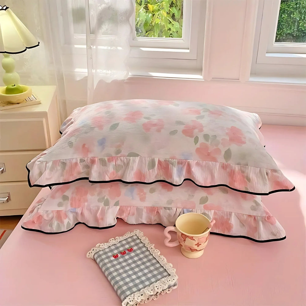 Floral Ruffled Lace Gauze Pillowcases - Queen Size