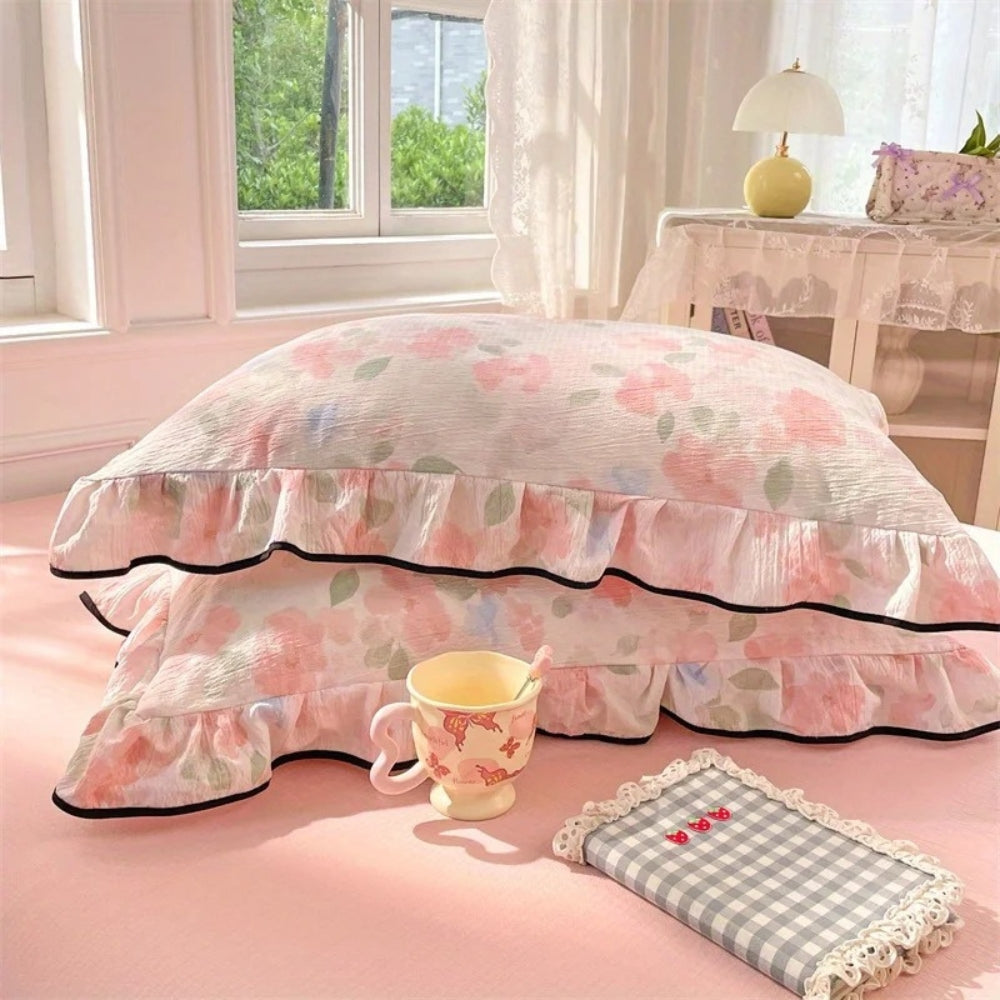 Floral Ruffled Lace Pillowcases in Soft Gauze