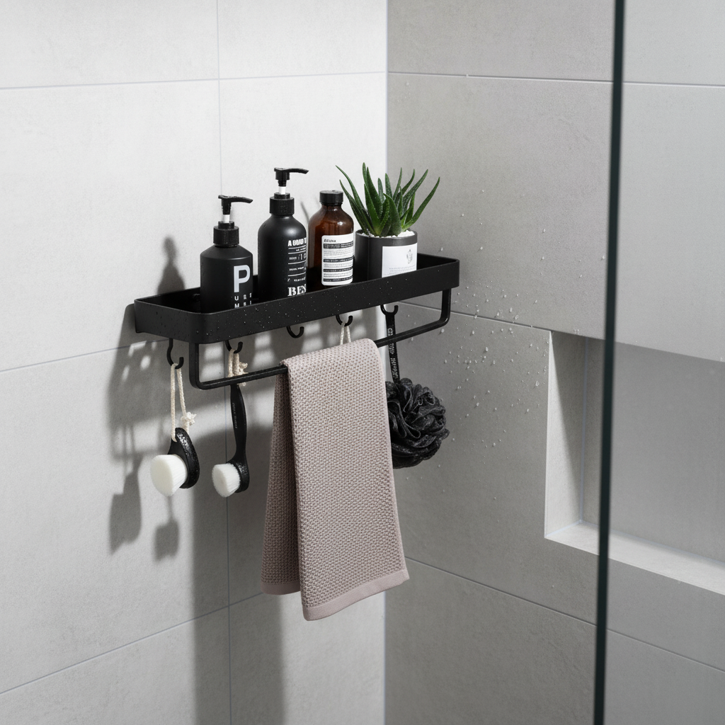 Rust-Resistant Corner Bathroom Shelf with Hooks and Rod