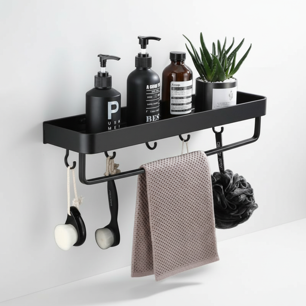 Rust-Resistant Corner Bathroom Shelf with Hooks and Rod