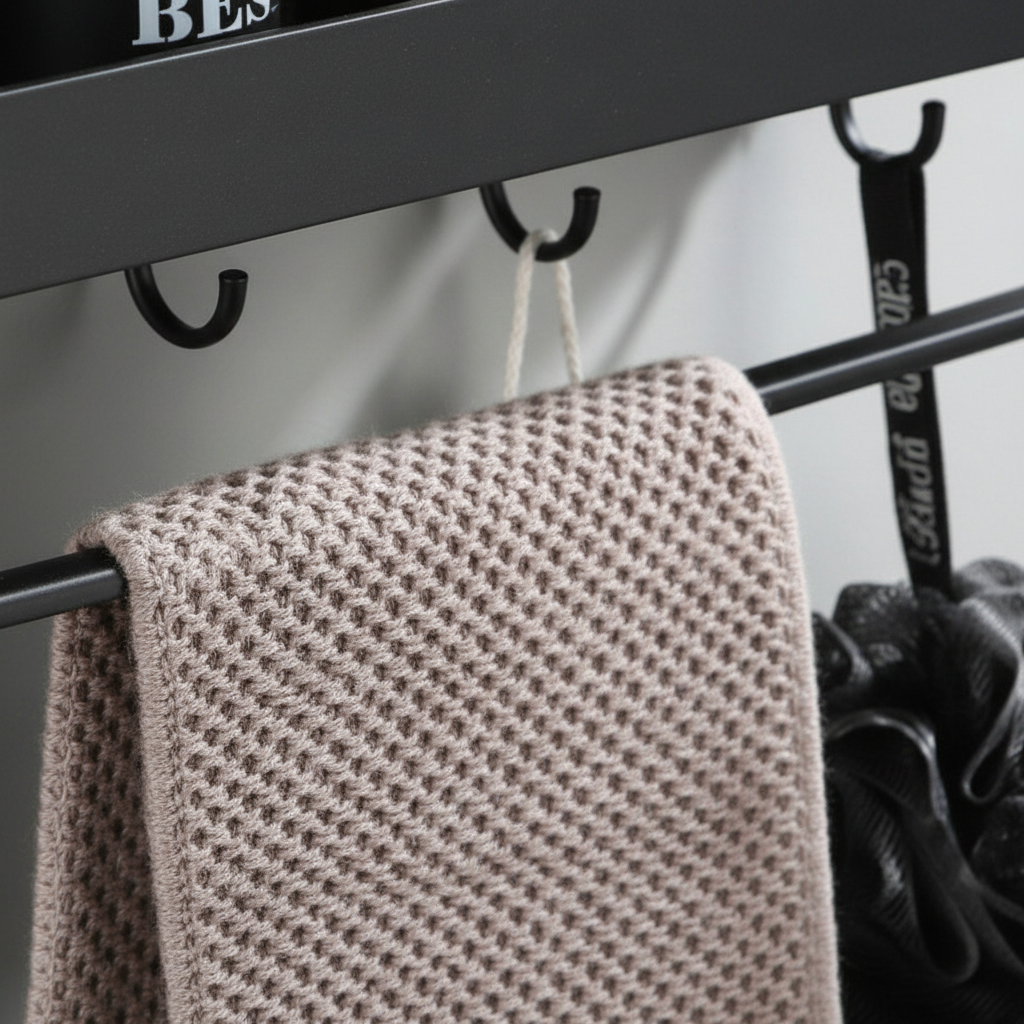 Rust-Resistant Corner Bathroom Shelf with Hooks and Rod