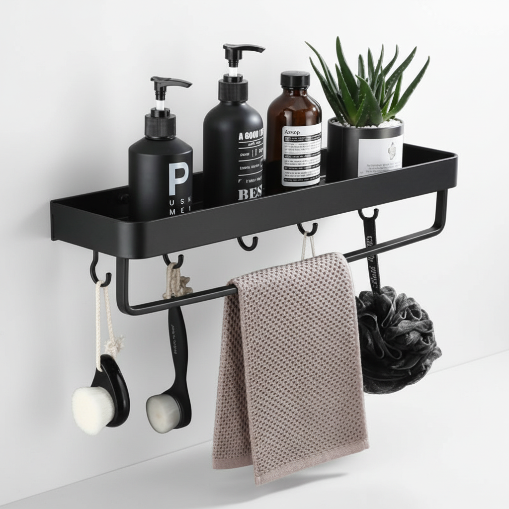 Rust-Resistant Corner Bathroom Shelf with Hooks and Rod