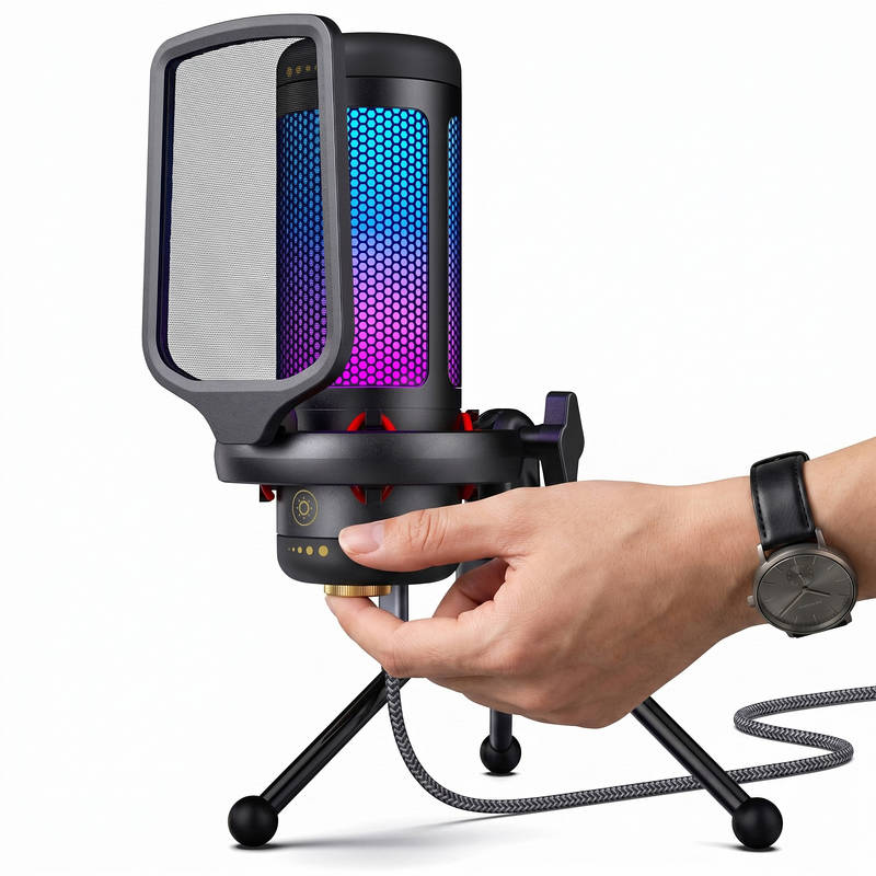 USB RGB Gaming Microphone with One-Tap Mute and Shock Mount for PC PS4 PS5