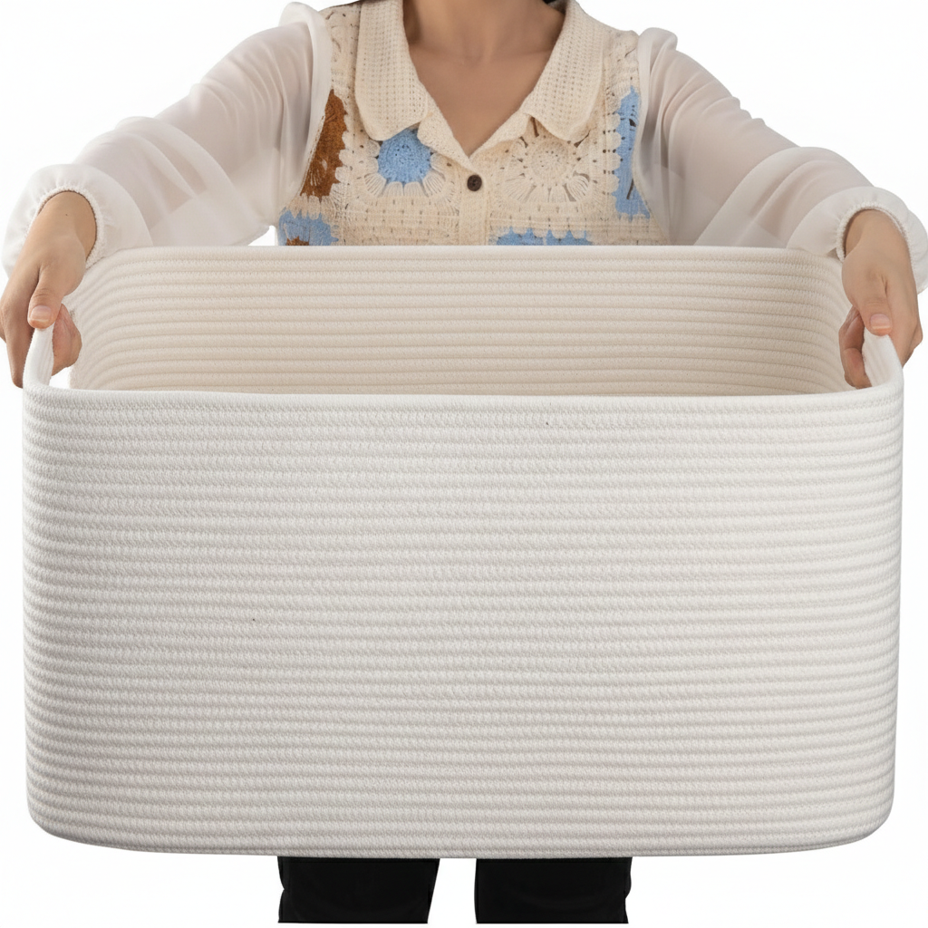 Large Rectangular Rope Storage Basket with Handles