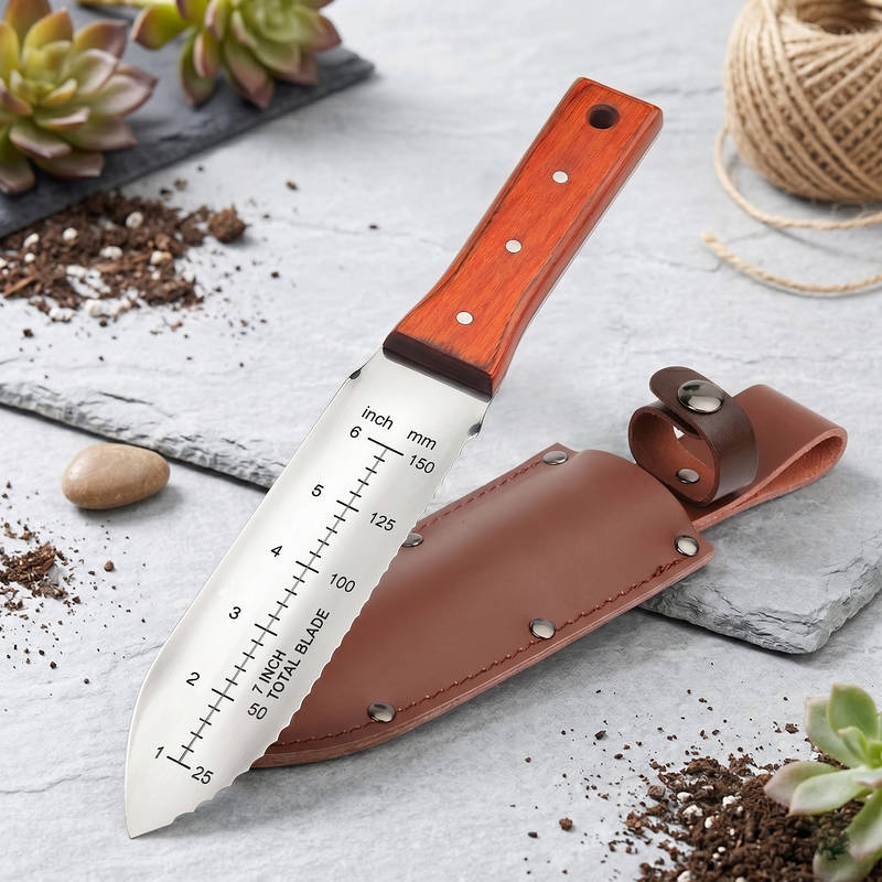 7-Inch Stainless Steel Garden Knife with Leather Sheath