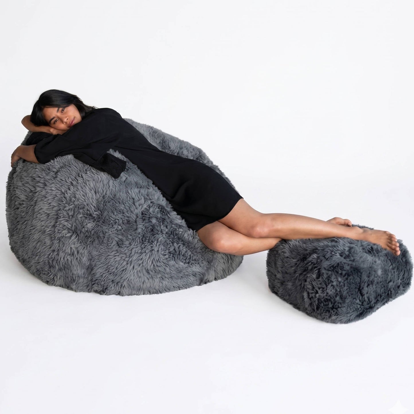 Ultra Soft Fluffy Faux Fur Bean Bag Cover for Kids and Adults, Adjustable Unfilled Pouf with Vegan Leather Handle