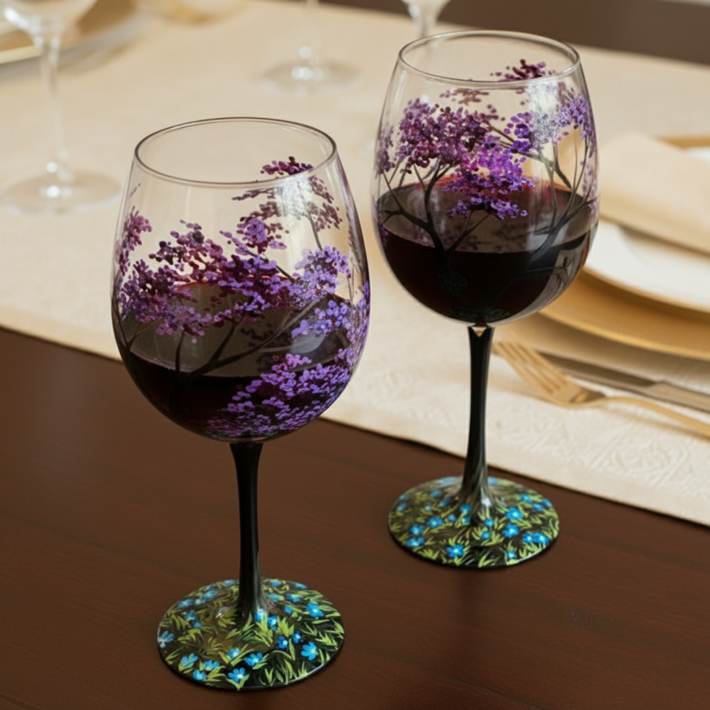 Hand Painted Four Seasons Tree Wine Glasses