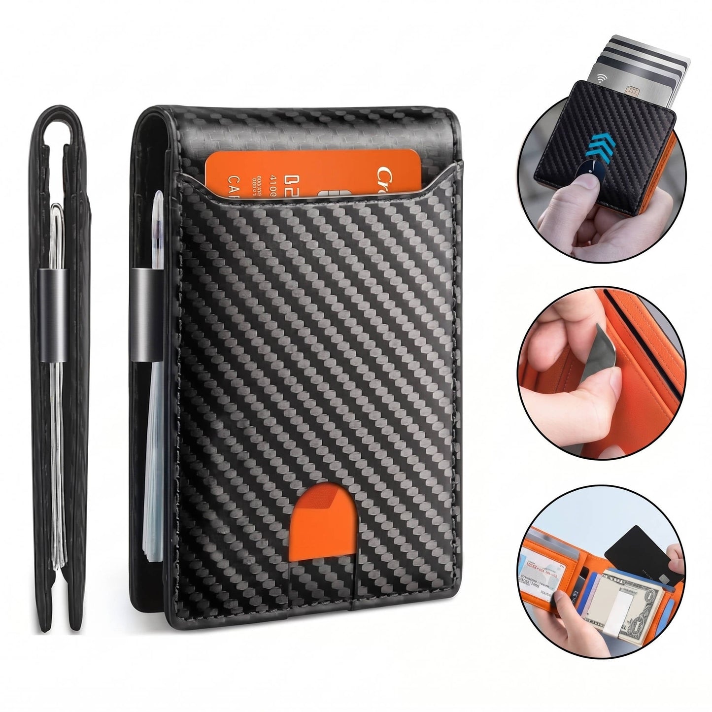 Carbon Fiber RFID Blocking Bifold Wallet with Money Clip and ID Window