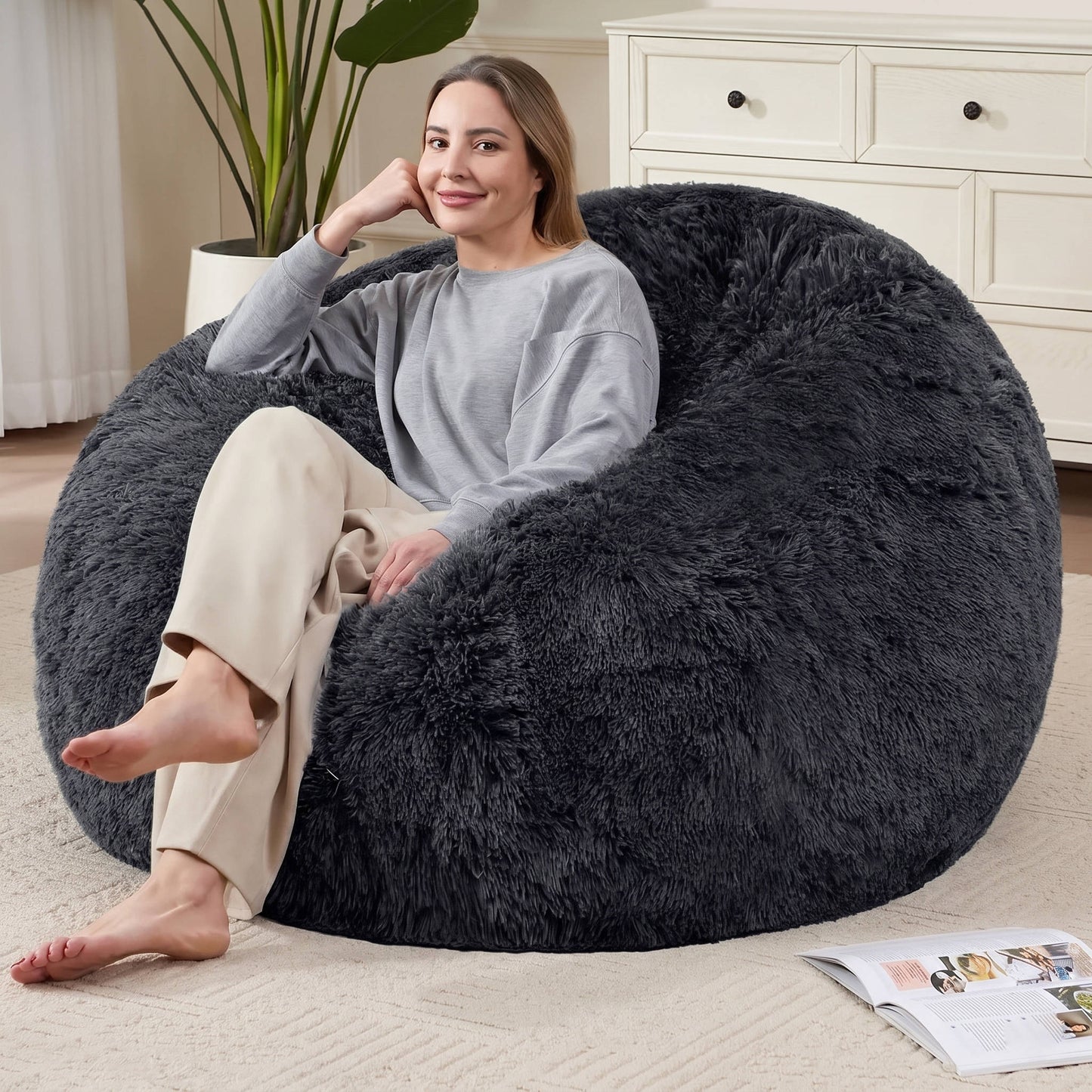 Ultra Soft Fluffy Faux Fur Bean Bag Cover for Kids and Adults, Adjustable Unfilled Pouf with Vegan Leather Handle