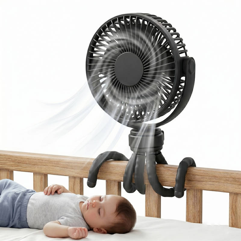 Rechargeable Portable Stroller Fan with LED Display, 5 Speed Clip-On Design for Baby Comfort