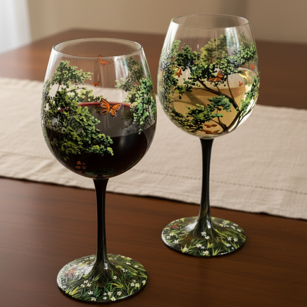 Hand Painted Four Seasons Tree Wine Glasses