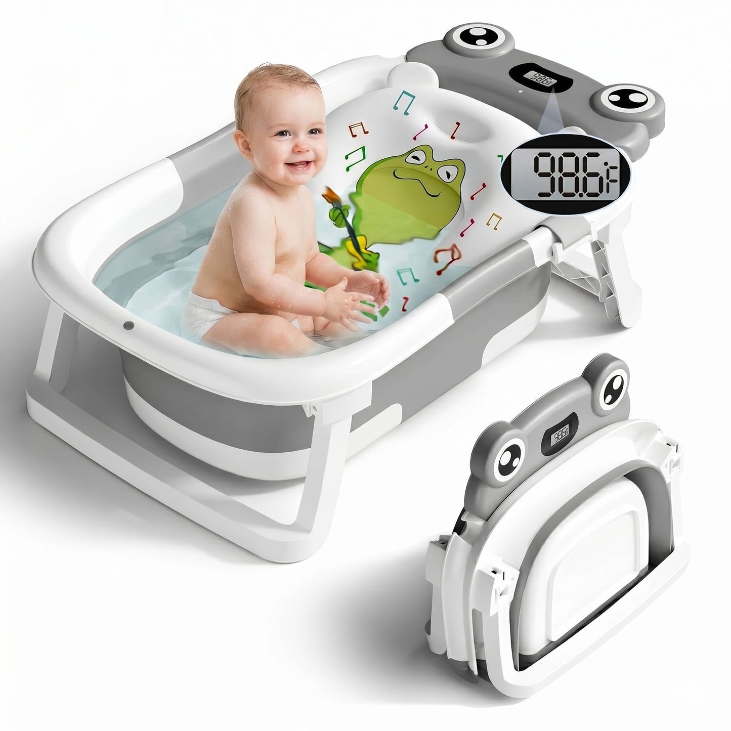 Collapsible Portable Baby Bathtub with Real Time Thermometer and Soft Cushion