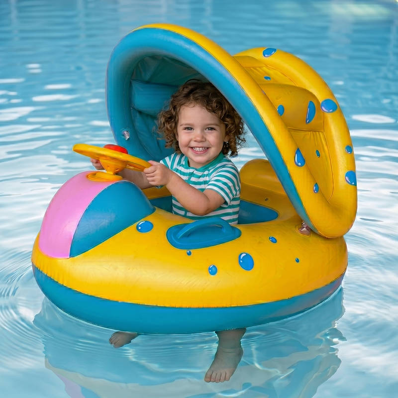 Kids Inflatable Swim Trainer Float with Adjustable Sun Canopy and Steering Wheel