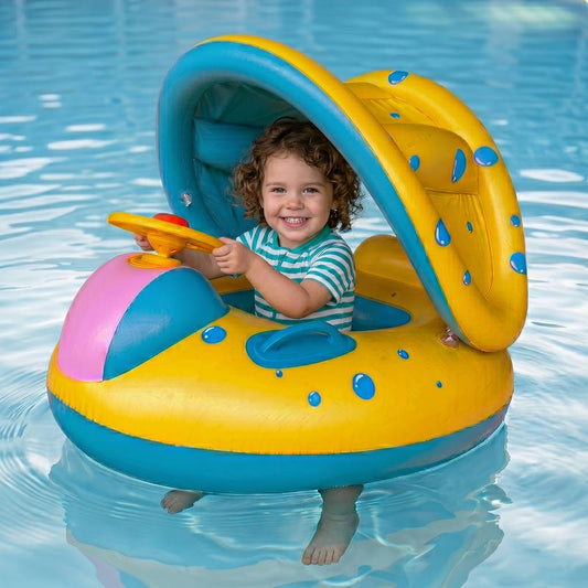 Kids Inflatable Swim Trainer Float with Adjustable Sun Canopy and Steering Wheel