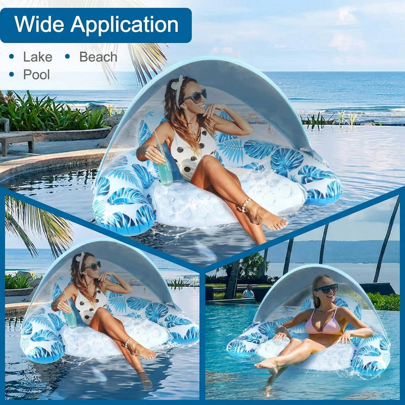Inflatable Adult Pool Float Chair with Adjustable Canopy and Cup Holders