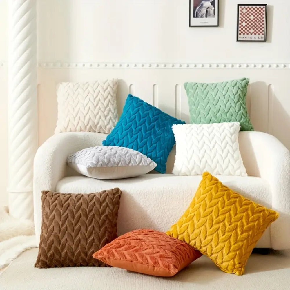 Geo Leaves Embroidered Microfiber Cushion Cover