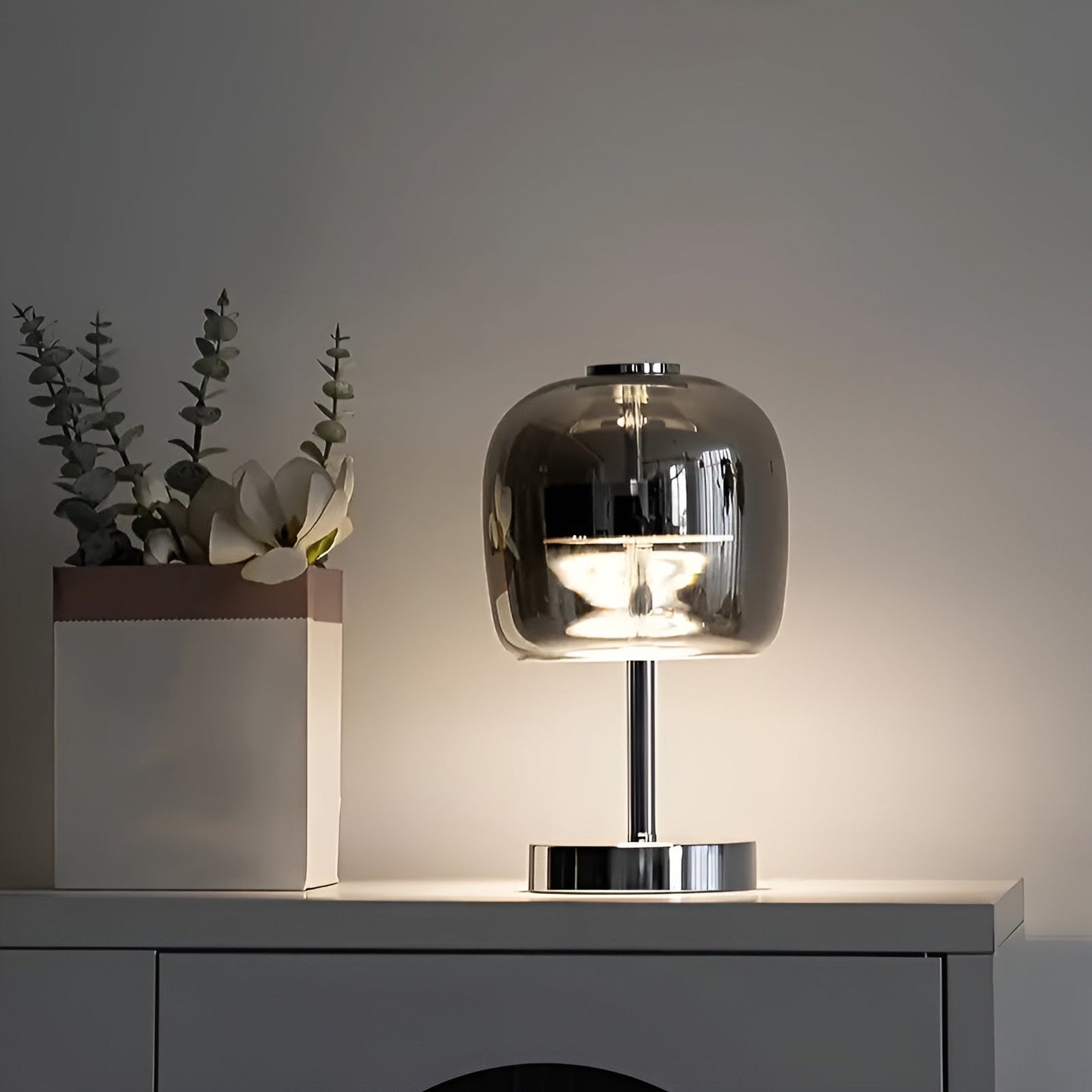 Smoky Grey Glass Table Lamp with USB Power and Dimmable LED Light