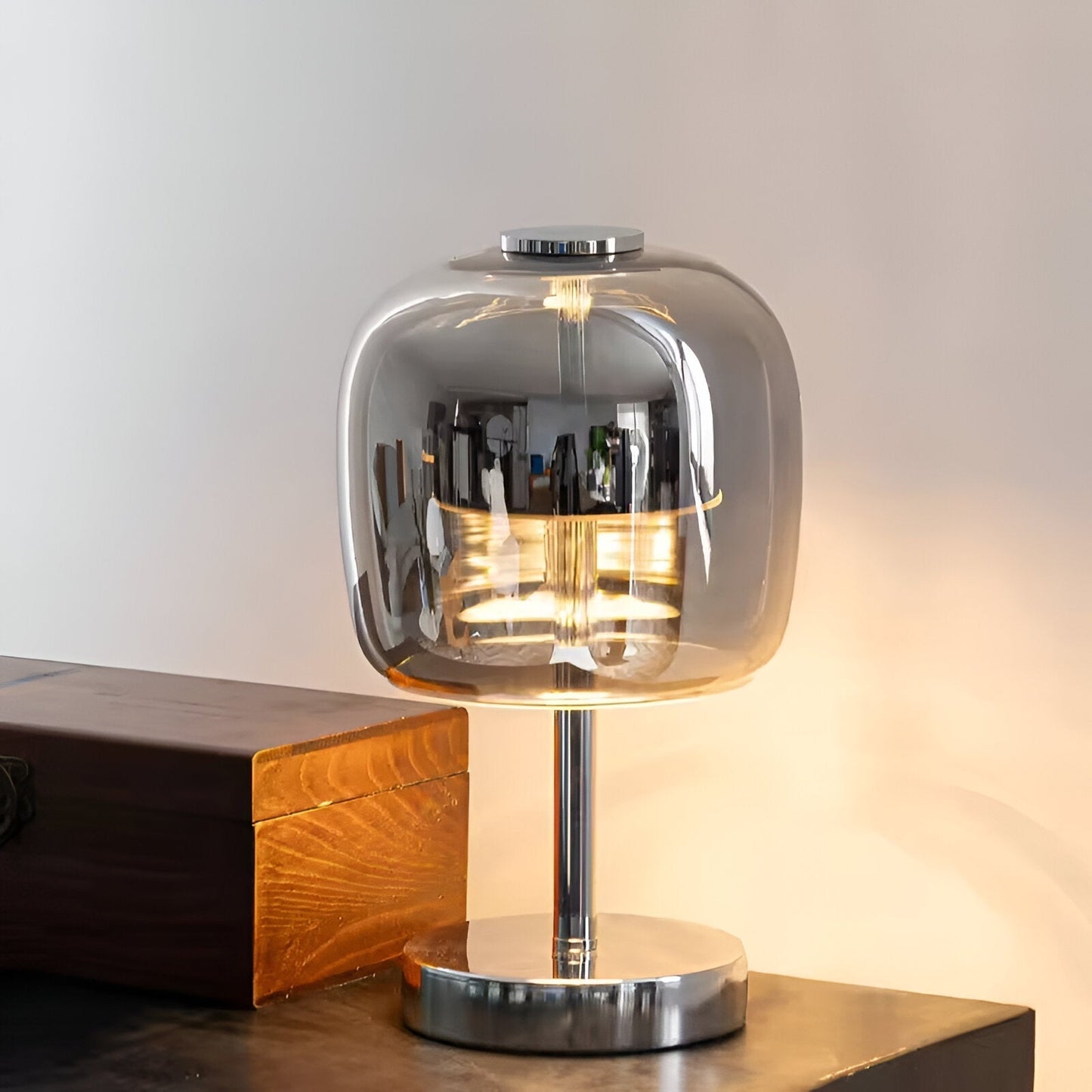 Smoky Grey Glass Table Lamp with USB Power and Dimmable LED Light