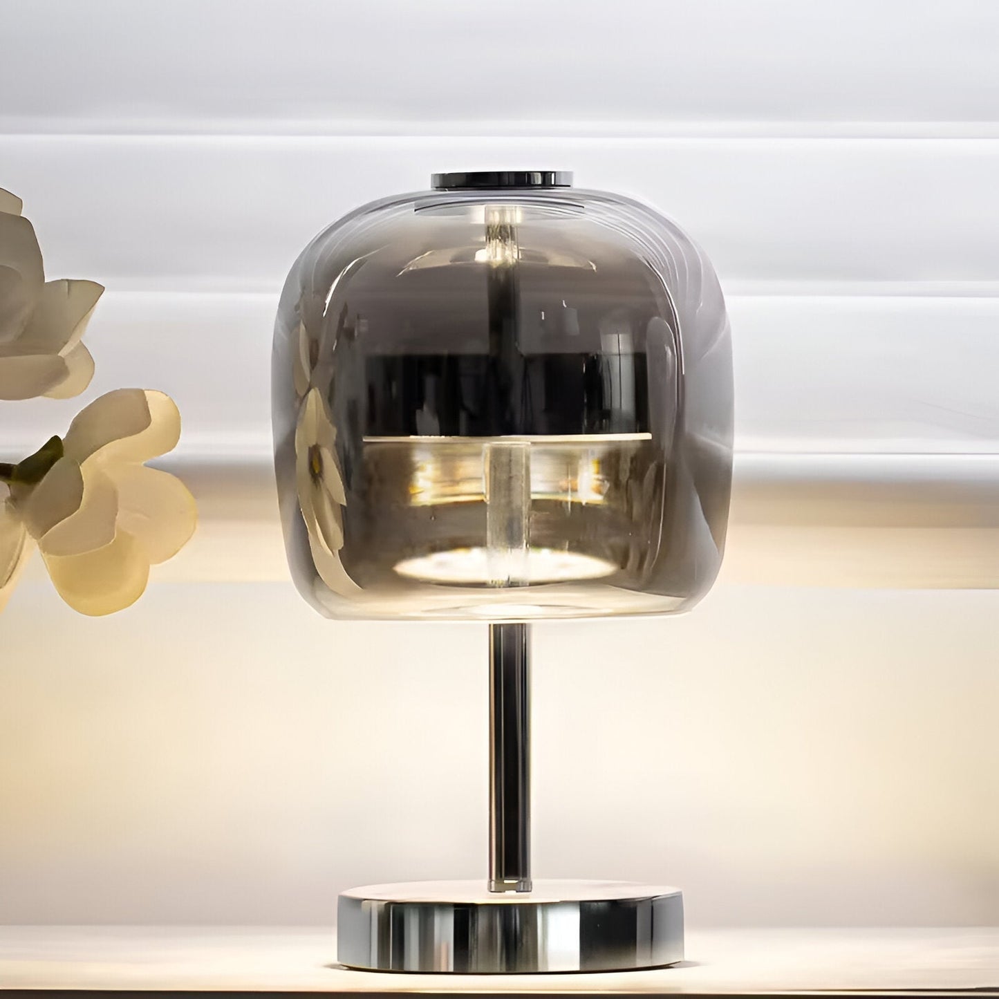 Smoky Grey Glass Table Lamp with USB Power and Dimmable LED Light