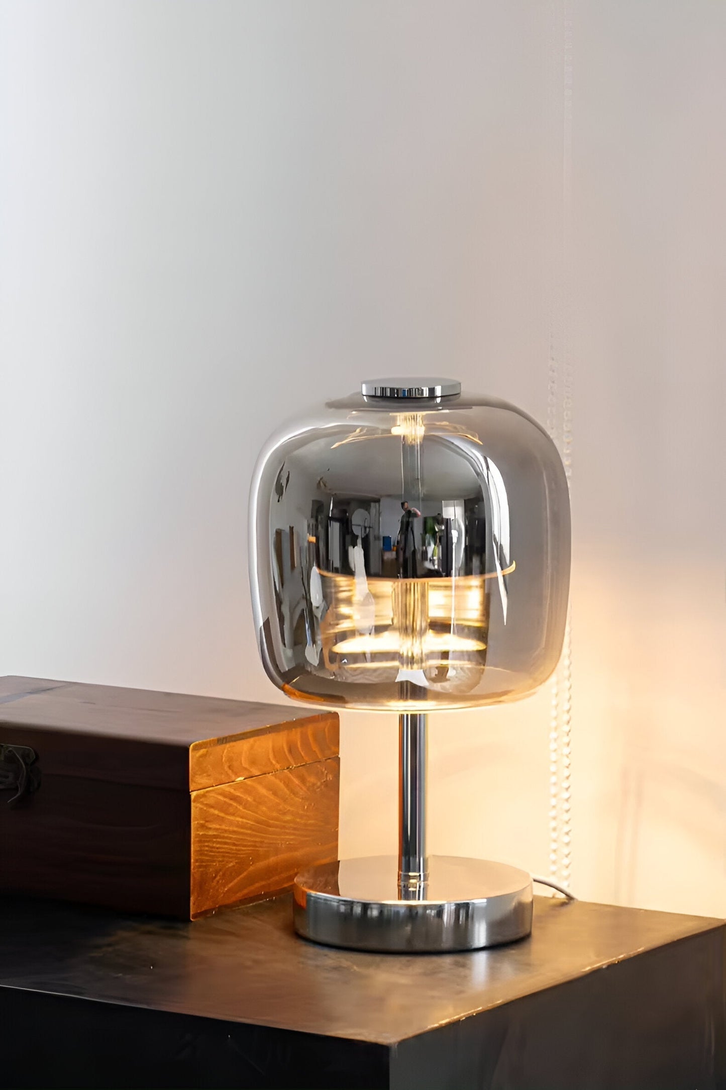 Smoky Grey Glass Table Lamp with USB Power and Dimmable LED Light