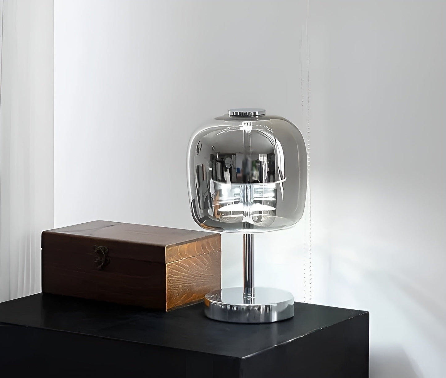 Smoky Grey Glass Table Lamp with USB Power and Dimmable LED Light