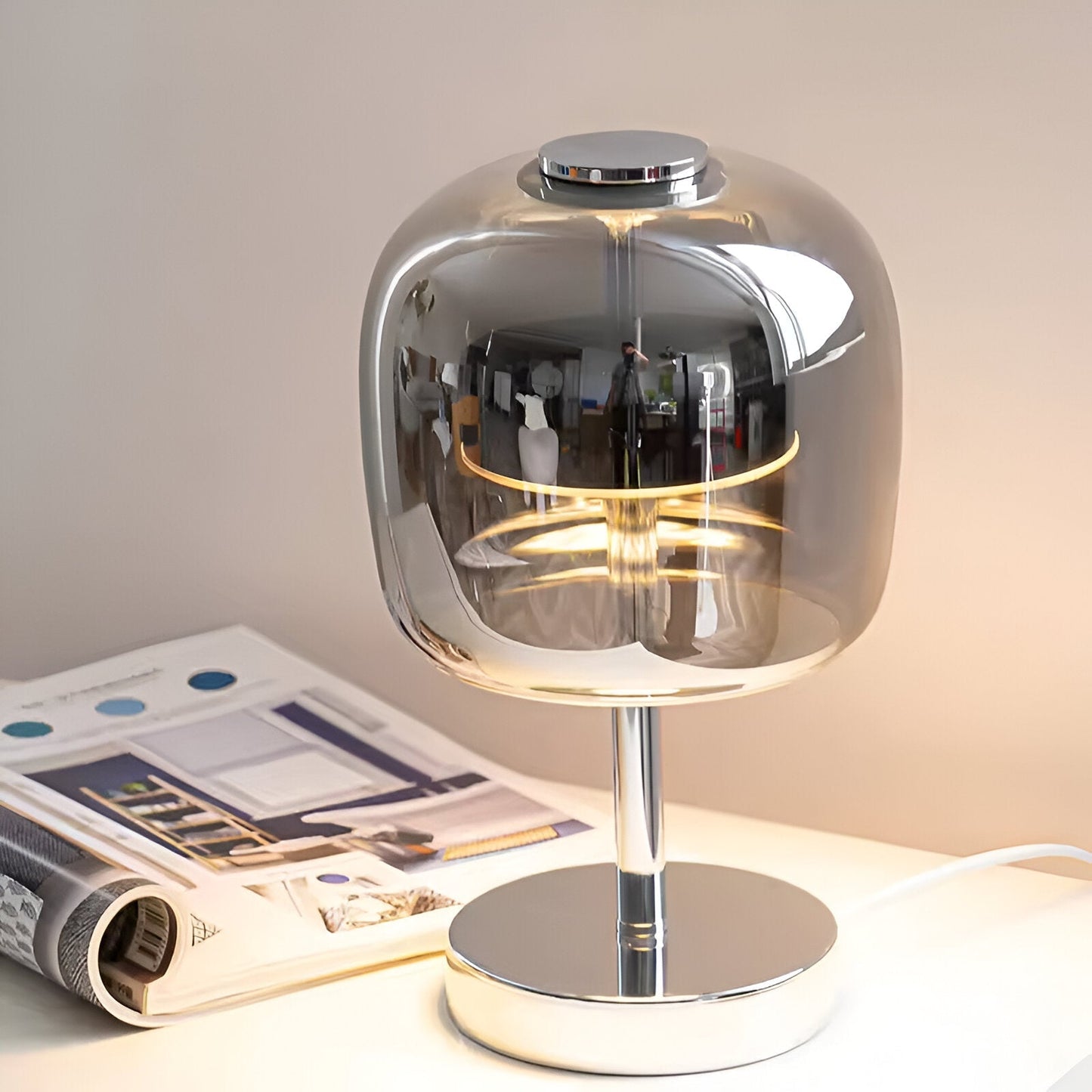 Smoky Grey Glass Table Lamp with USB Power and Dimmable LED Light