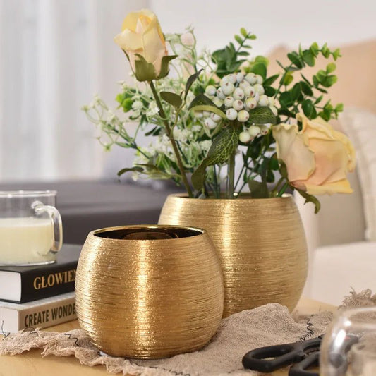Gold-Coated Ceramic Flower Pot with Textured Finish