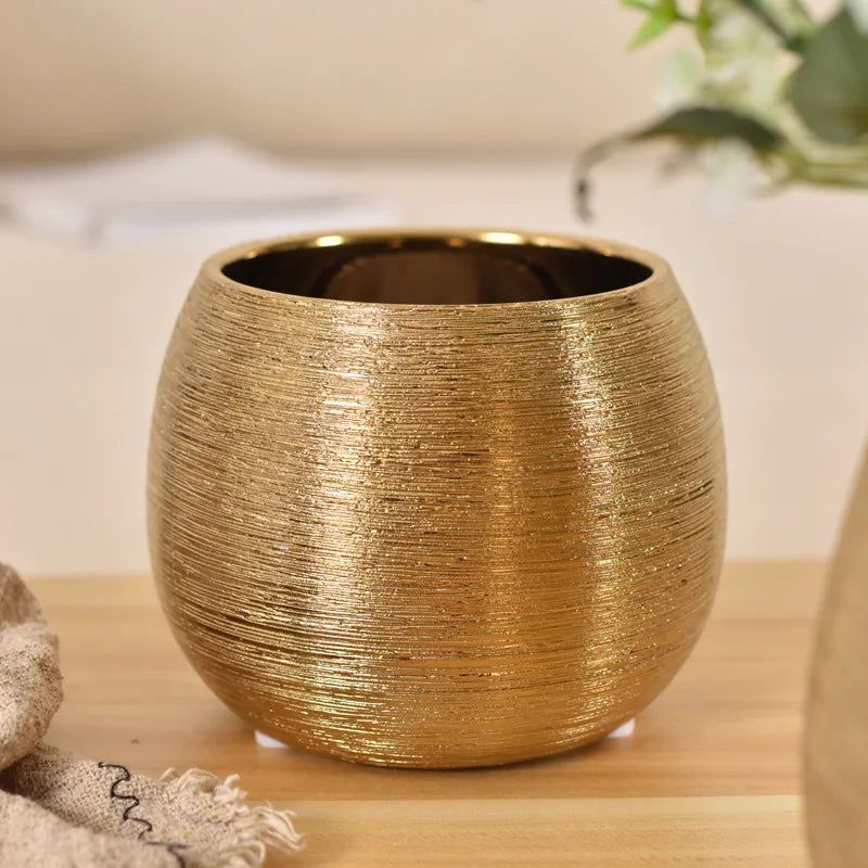 Gold-Coated Ceramic Flower Pot with Textured Finish