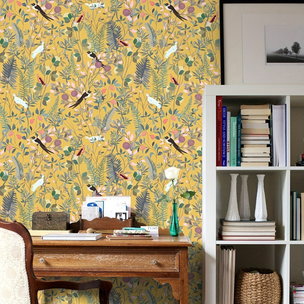 Peelable Golden Bird and Leaf Wallpaper