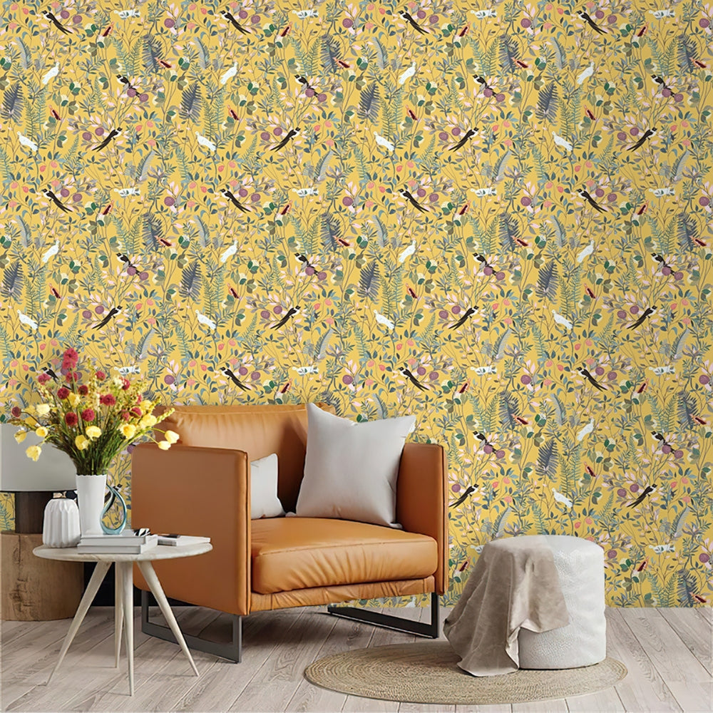 Peelable Golden Bird and Leaf Wallpaper