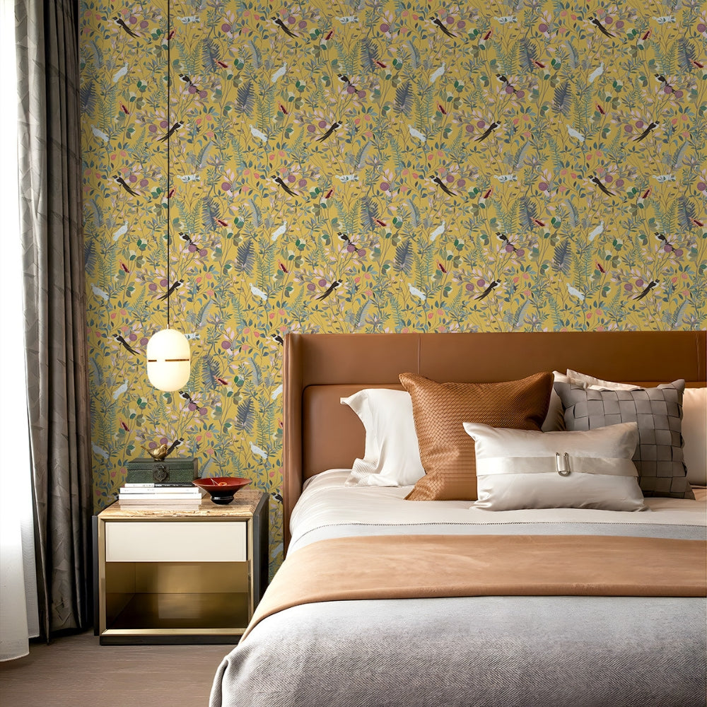 Peelable Golden Bird and Leaf Wallpaper