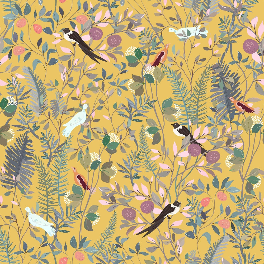 Peelable Golden Bird and Leaf Wallpaper
