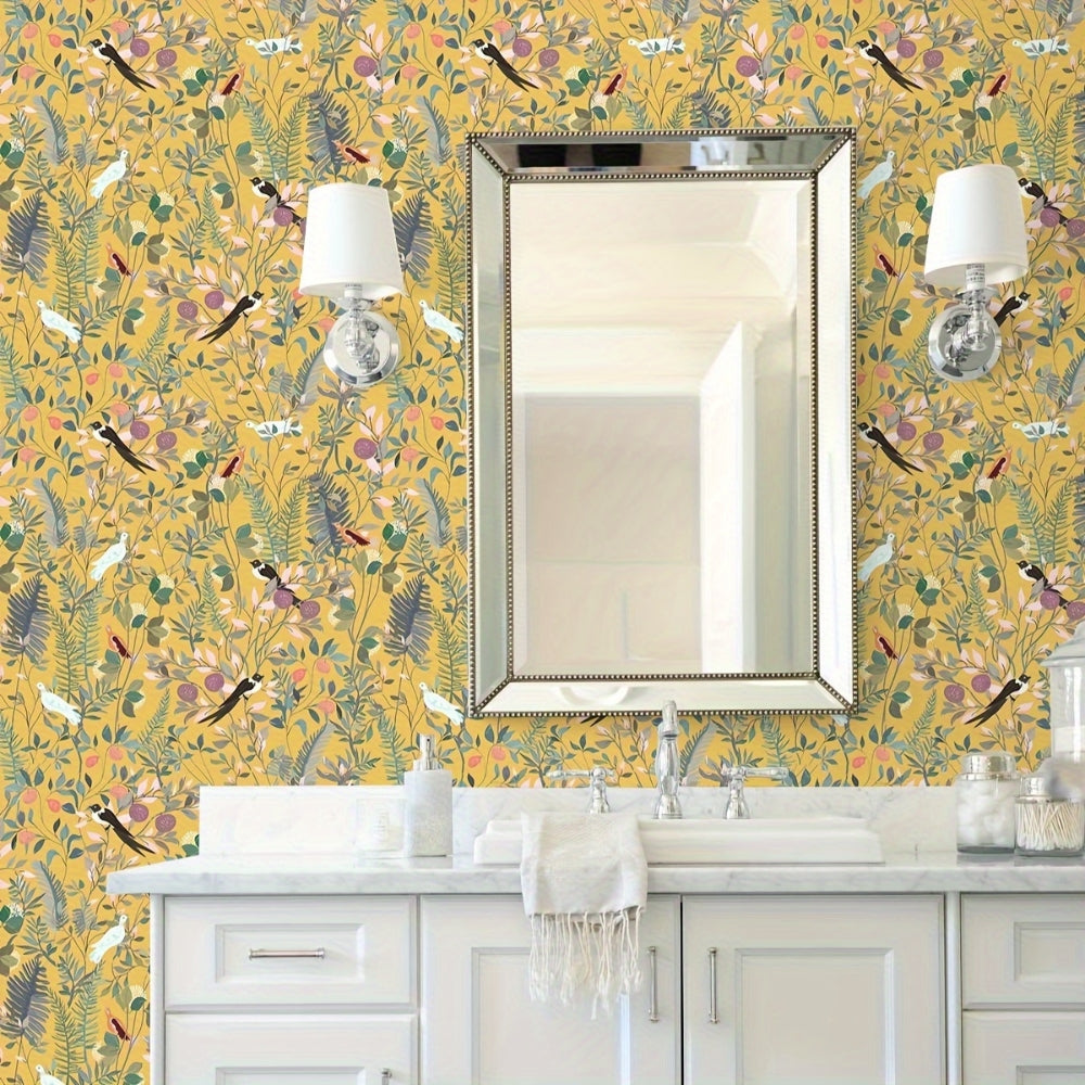 Peelable Golden Bird and Leaf Wallpaper