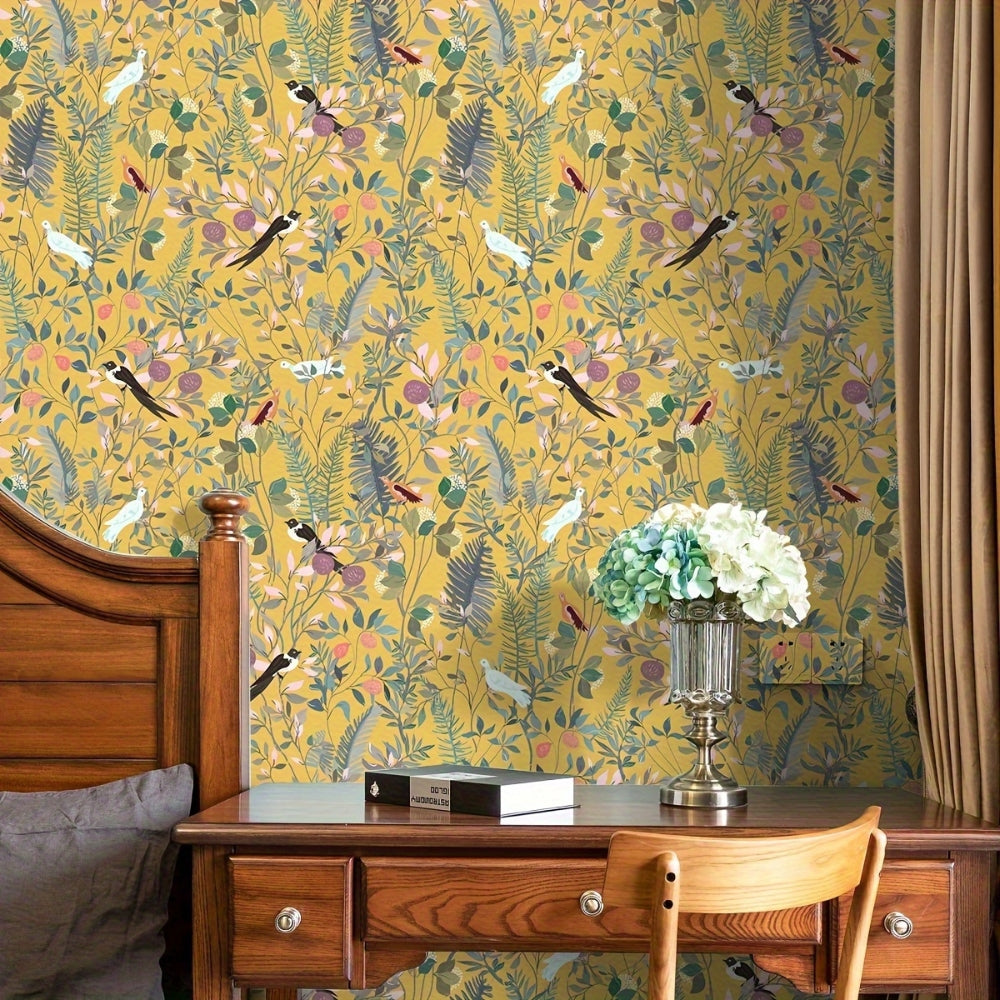 Peelable Golden Bird and Leaf Wallpaper
