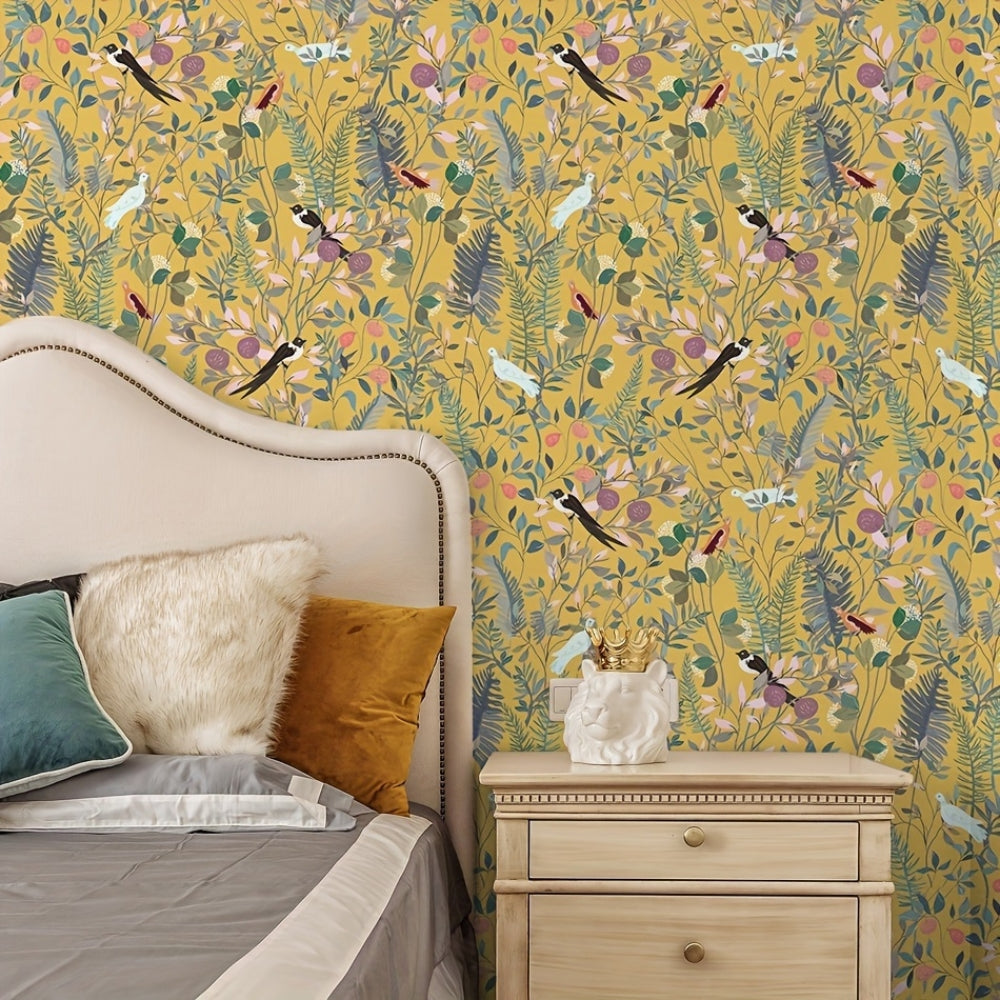 Peelable Golden Bird and Leaf Wallpaper
