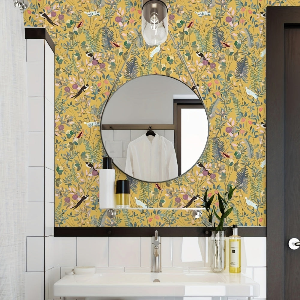 Peelable Golden Bird and Leaf Wallpaper