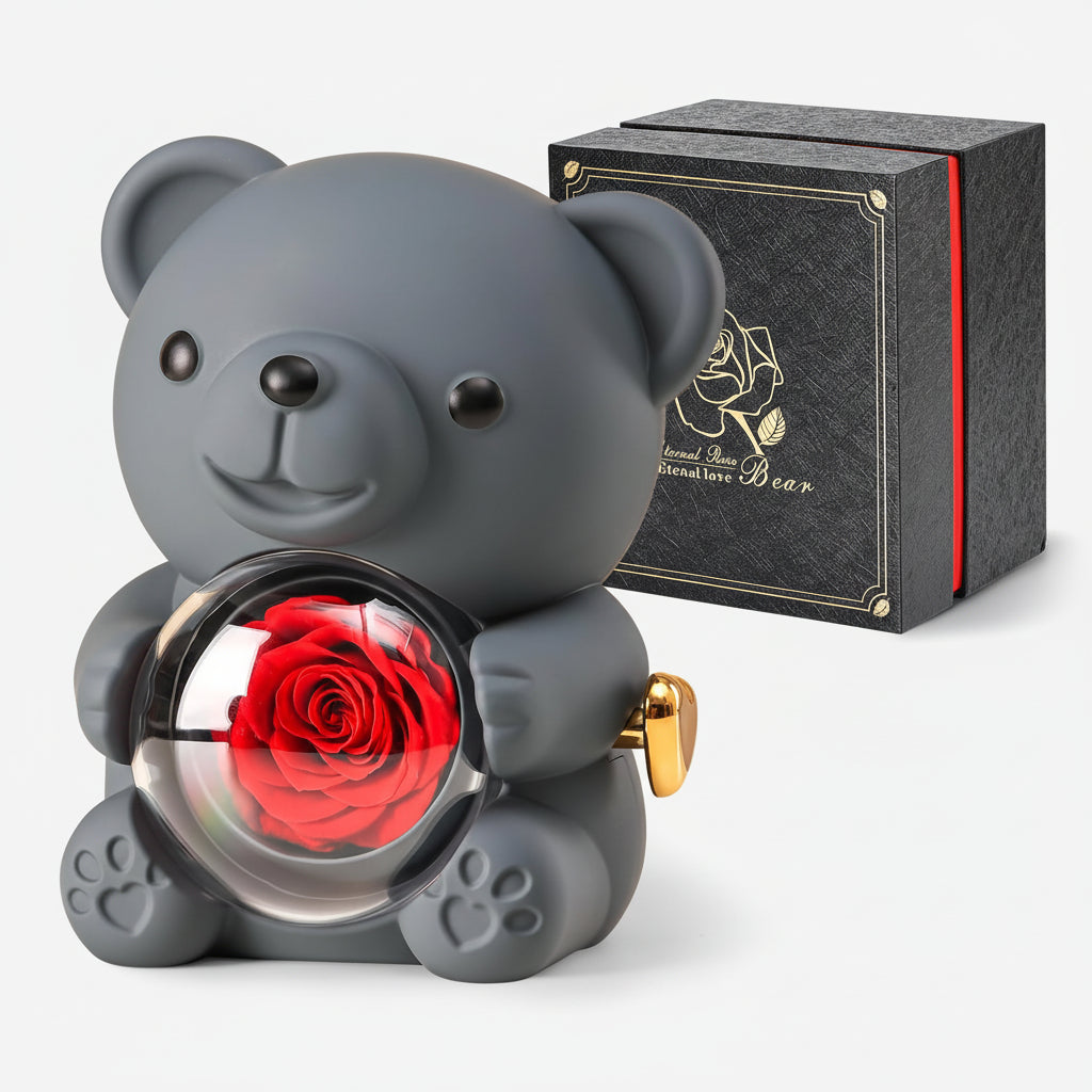 Preserved Rose Teddy Bear with Hidden Jewelry and Heart Necklace