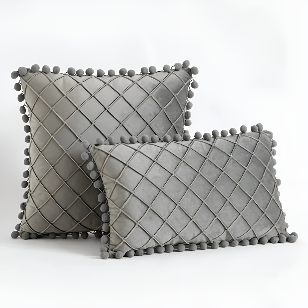 Quilted Velvet Cushion Cover with Wool Ball Design
