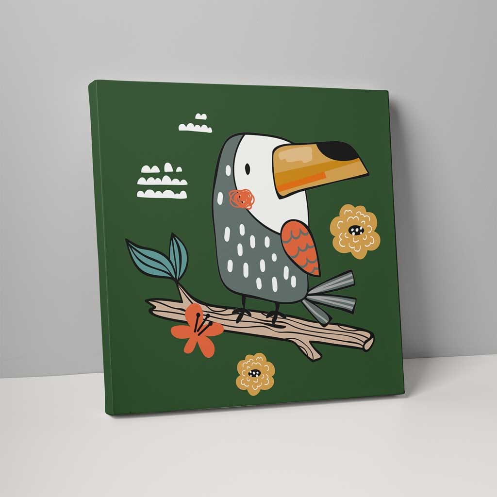 Toucan Jungle Canvas Wall Art in Dark Green and Gray