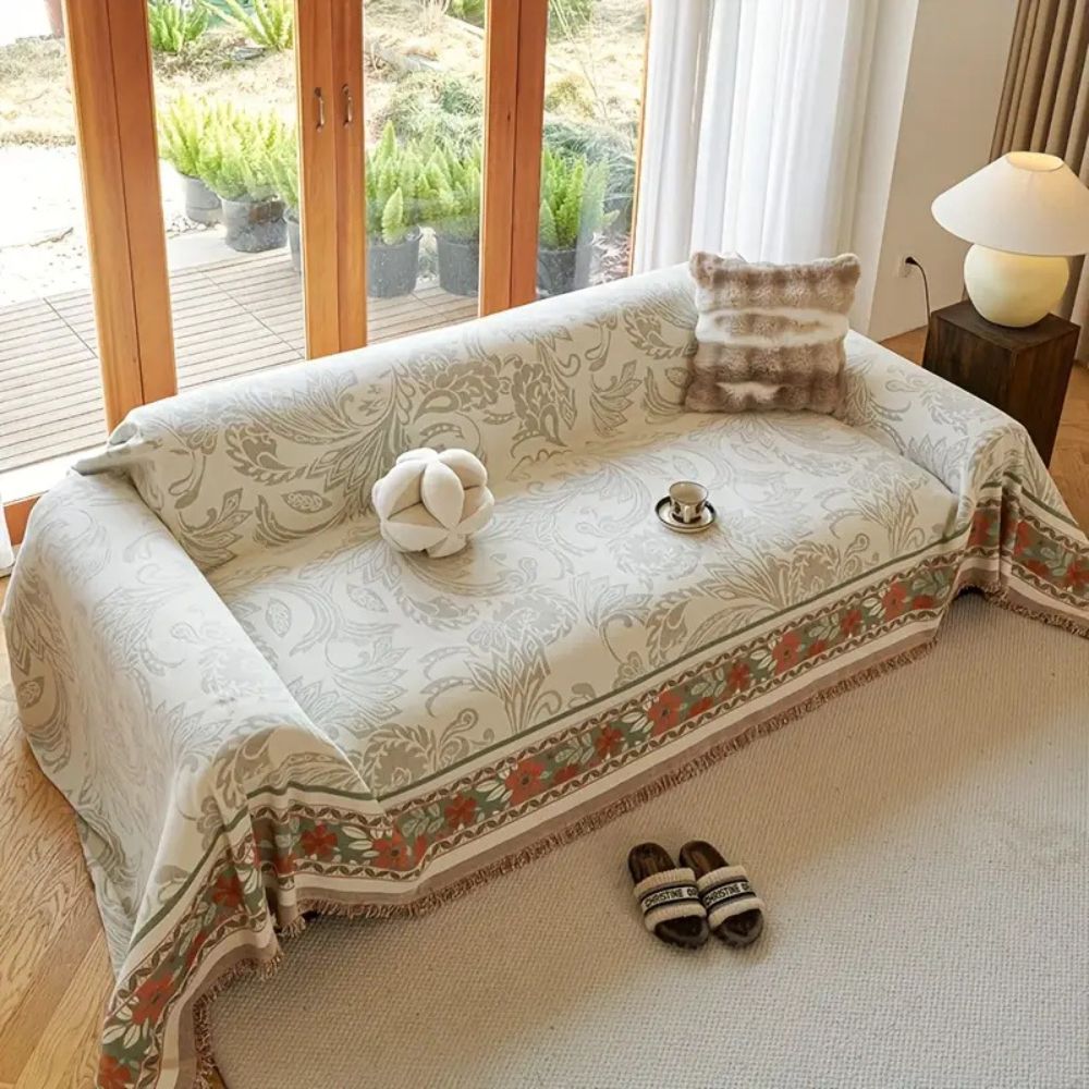 Floral Tasseled Boho Sofa Cover in Earthy Tones