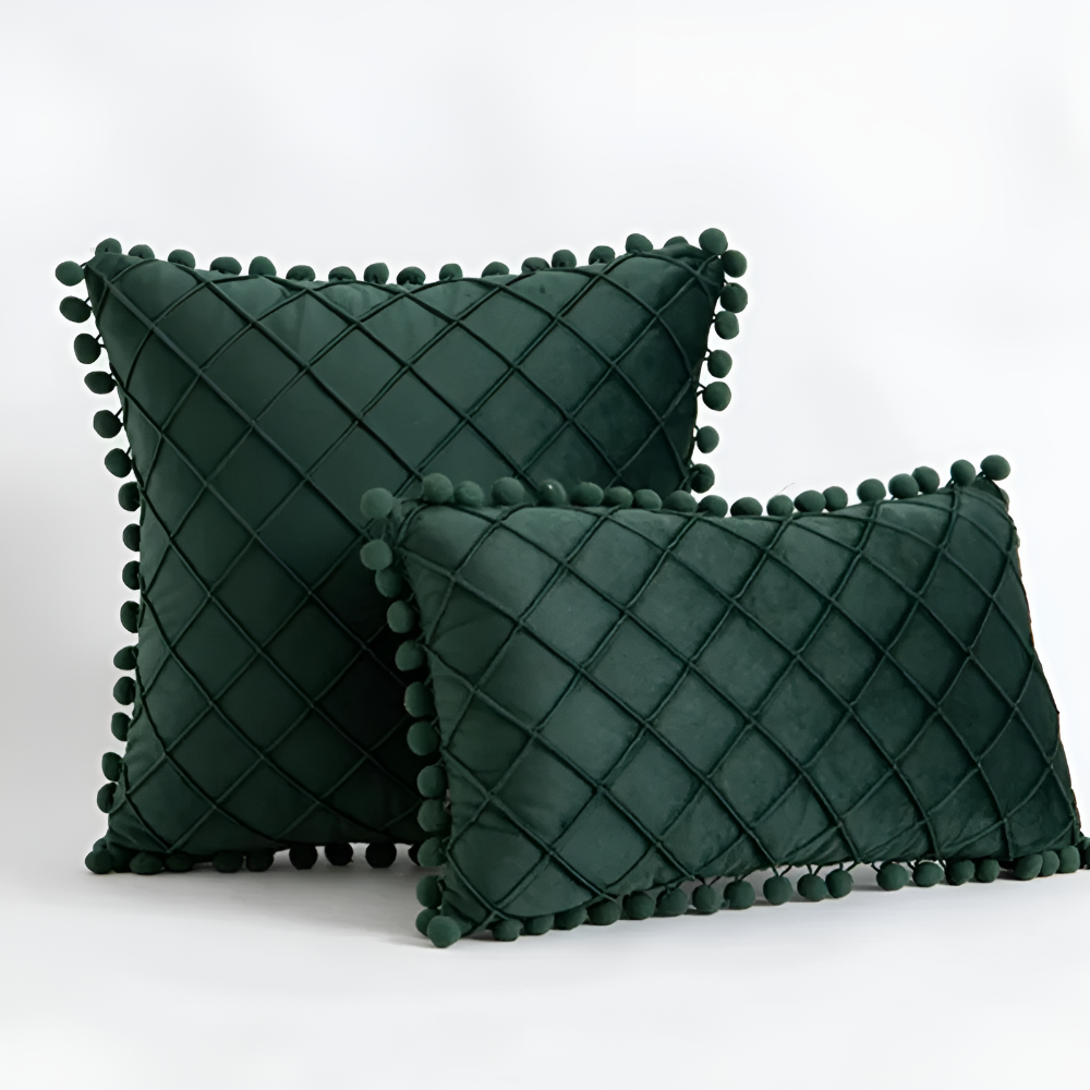 Quilted Velvet Cushion Cover with Wool Ball Design