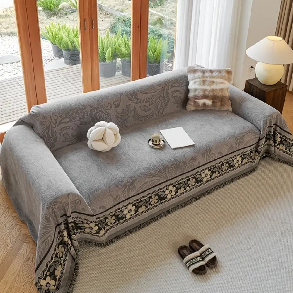 Floral Tasseled Boho Sofa Cover in Earthy Tones