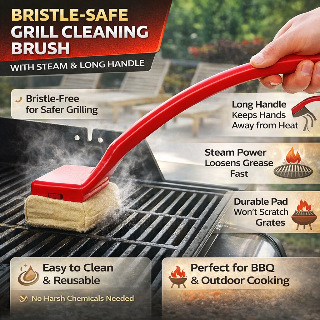 Bristle-Safe Steam Grill Cleaning Brush with Long Handle