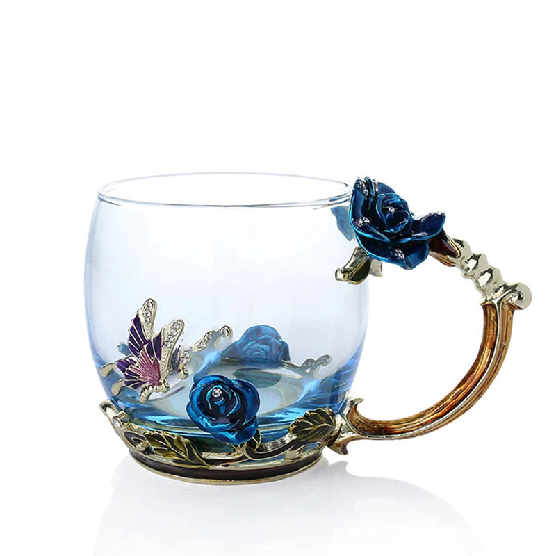 Clear Glass Coffee and Tea Mug Set with Blue Rose Enamel Design and Stainless Steel Spoon