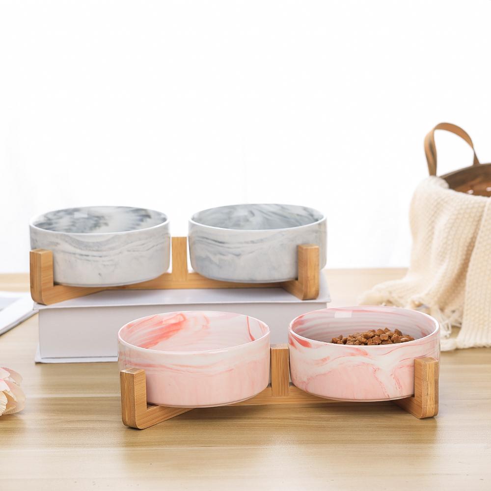 Ceramic Pet Feeding Bowl with Bamboo Base