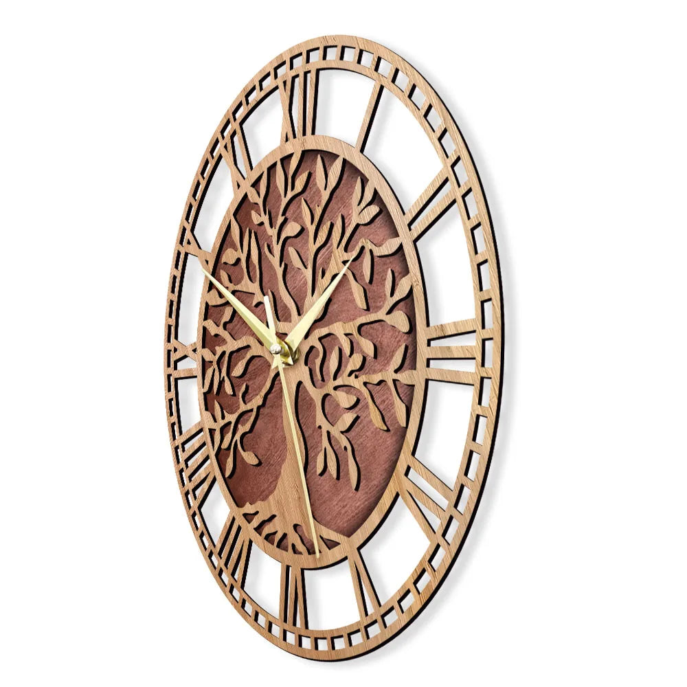 Rustic Wooden Wall Clock with Tree of Life Design