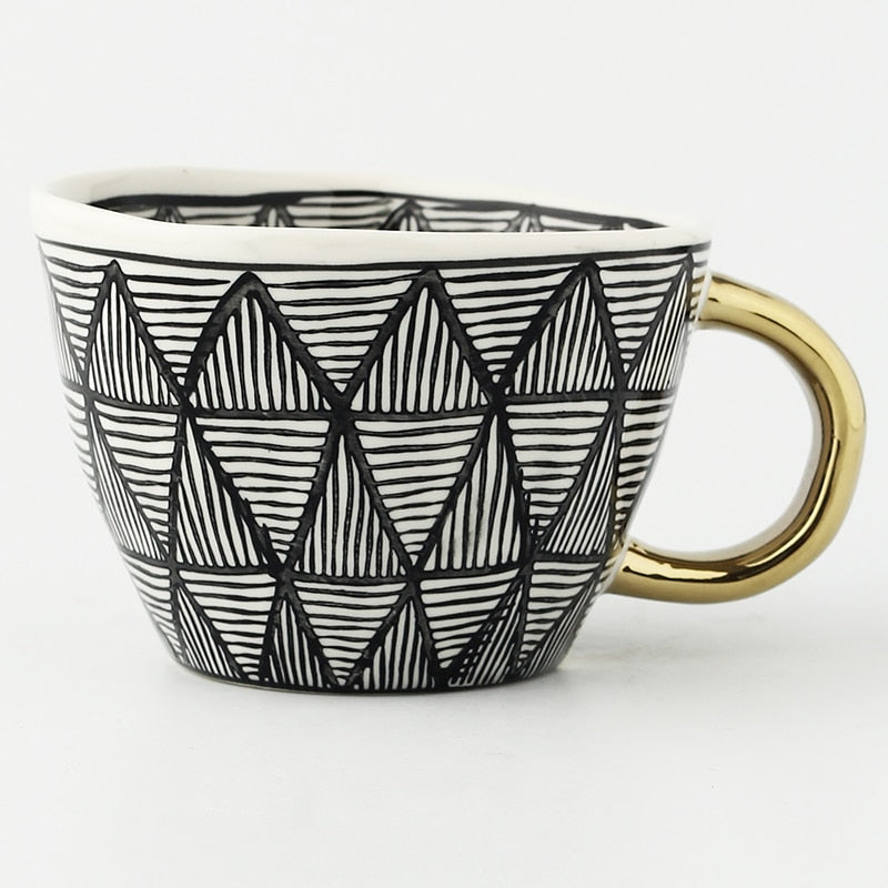 Geometric Ceramic Coffee Mug with Gold Handle