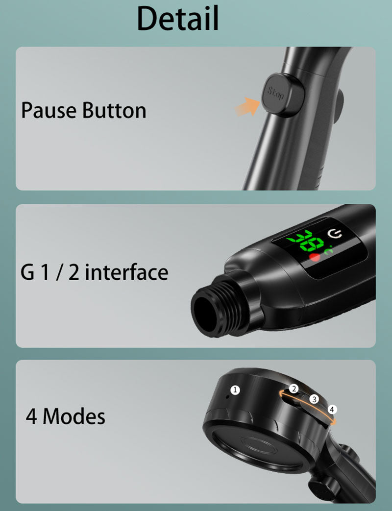 Shower Head with Built-in Temperature Display and 4 Settings