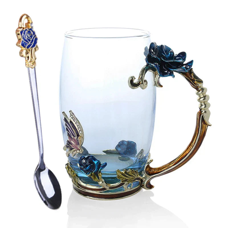 Clear Glass Coffee and Tea Mug Set with Stainless Steel Spoon and Coaster, Blue Rose Enamel Design